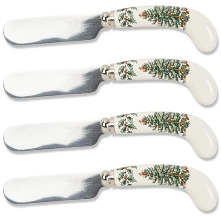 Spode Christmas Tree Cheese Spreaders (Set of 4) - 4.75 Stainless Steel Butter Knife with Porcelain Handle for Jam, Pastry, Butter Knife - Holiday Silverware & Festive Kitchen Cutlery