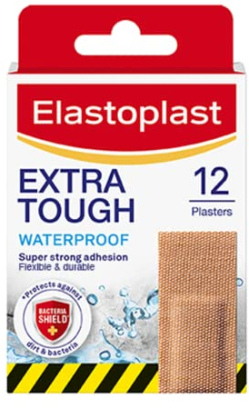 Elastoplast Extra Tough Waterproof Fabric Plaster Strips 1 Pack (12 Strips Per Pack) Tough and Durable Fabric Plasters, Breathable, Strong Adhesion, Waterproof Technology, Tan