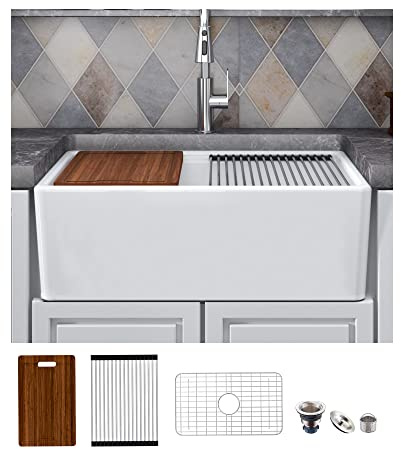 MEJE 76.2 x 50.8 CM Grembiule-front Rim Rim Workstation Farmhouse Lavello da cucina, ciotola singola in ceramica con tagliere, griglia e filtro - bianco