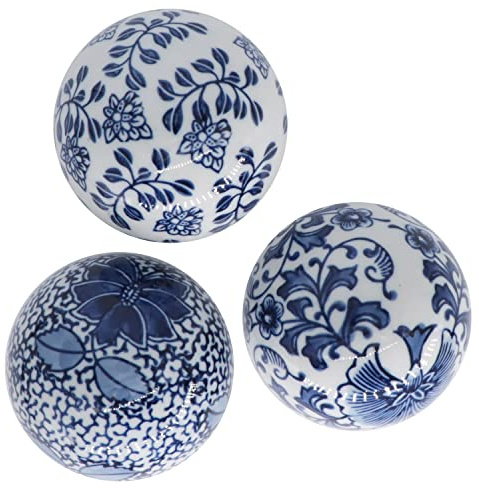 Kesywale Set of 3 Blue & White Porcelain Orbs Decorative Balls Ceramic Spheres for Centerpiece Bowl, Tray or Basket Decor 3 Inch Diameter (A)