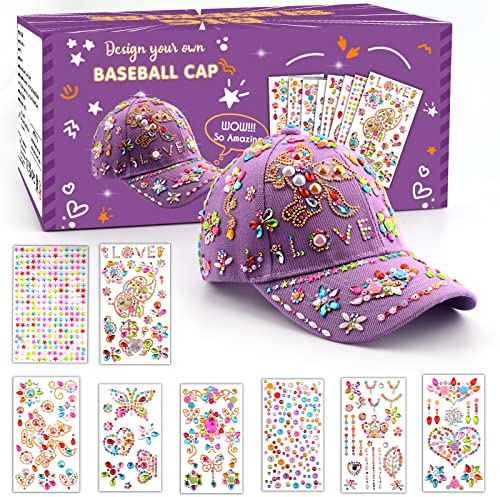 Geschenke für Mädchen DIY Baseballkappe, Hut Selbst Gestalten mit Edelstein Aufklebern, Weihnachten Geburtstag Geschenk Mädchen 4 5 6 7 8 9 10 11 12 Jahre, Baseball Cap Bastelset für Kinder Schule