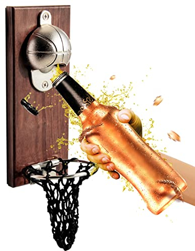 Apribottiglie Magnetico da Legno, Apribottiglie da Parete Vintage, Regali Uomo Originali e Utili, Magnetico da basket con tappo collettore, Idee Regalo Uomo e Amanti della Birra
