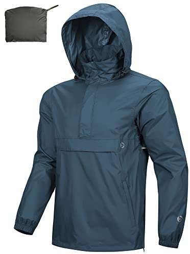 Outdoor Ventures Regnjacka för män vattentät tröja med huva packbar reflekterande jacka lätt cykel vindjacka andningsaktiv softshelljacka för vandring löpning utomhus, Ljusblå, 4XL