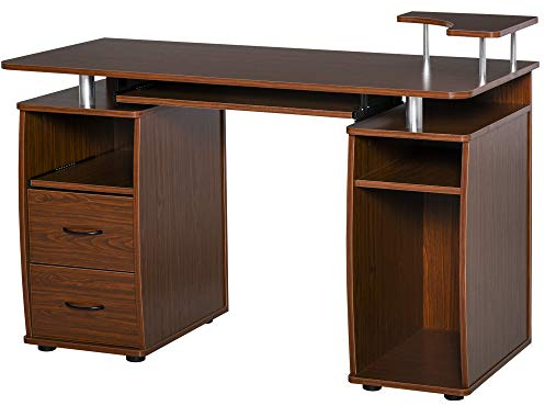 HOMCOM Mesa de Ordenador PC 120 cm Mesa Escritorio de Oficina con Múltiples Estantes 2 Cajones Bandeja de Teclado y Soportes para Monitor CPU 120x55x85 cm Marrón