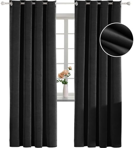 YSTELLAA Terciopelo Cortinas 100% Opacas 2 Piezas, 140×260cm, Cortinas Opacas con Ojales, Cortinas termicas aislantes Frio y Calor, Insonorizantes, Modernas, para Dormitorio, Negro