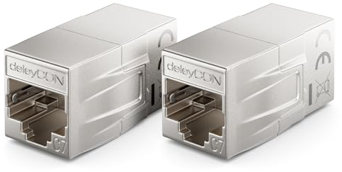 deleyCON 2 Stück RJ45 Kupplung CAT 7 (10Gbps, 600MHz) Verbinder CAT7 Verlängerung Ethernet Adapter Metall Kompatibel zu Cat8, Cat7, Cat6, Cat5 Patchkabel LAN DSL POE 2X RJ45 Buchse, Silber