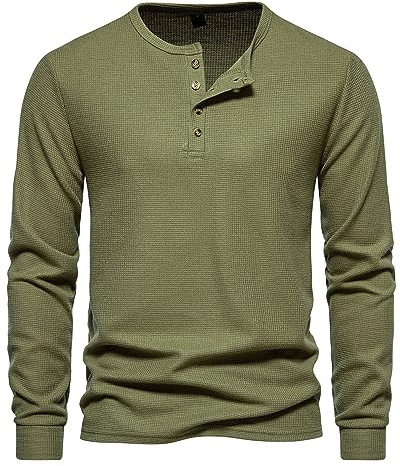 MakingDa Henley T Shirt Mens Long Sleeve Slim Fit Waffle Grandad Collar 4 Button Jumper Tops Smart Casual Collarless Shirts-Army Green-M