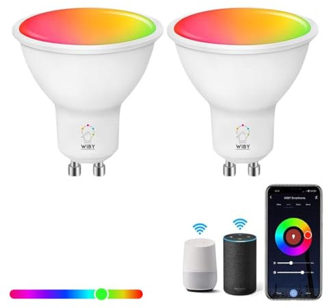 Wiby Lampadina Smart GU10 Wi-Fi 4,5W 326lm RGB + CCT 2700–6500K Dimmerabile, App Smart Life/Tuya, Compatibile con Alexa e Google Home, Lampadina Intelligente per Faretti, 2 unità