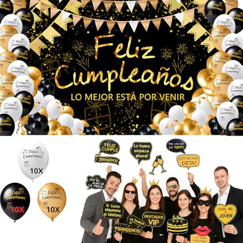 Decoracion Cumpleaños Completa 84 Piezas - Photocall Pancarta Feliz Cumpleaños Español110x80cm 30 Globos Banner Fiesta 12 stickers - Infantil Adultos Fiesta Fotocoll Telon de Fondo cartel celebracion