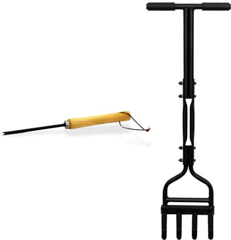 Crystals Hollow Tine Lawn Aerator Tool – Long Handle Grass Aerator with 18mm Core Prongs for Compact Soil, Non-Slip Grip Gardening Lawn Cleaning Tool & Hollow Tine 4 Spike Hand Aerator – Black