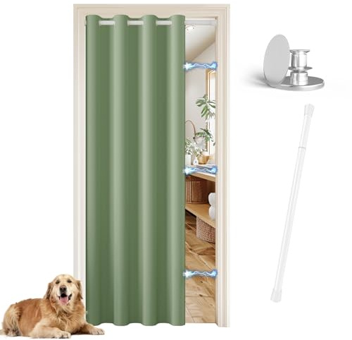 JCyh Dörrgardin med stång och magnetisk knapp, värmedörrgardiner salviagrön - 132x195cm tillfällig dörr för Kök/Sovrum/Badrum/Vardagsrum, 1 panel salviagrön