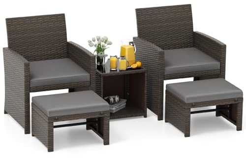 FANTASK Set med 5 trädgårdsmöbler, balkongmöbler i rotting, balkongset inkl. rottingmöbler och stolar, set med rottingmöbler i polyrattan med sittdyna och ottoman