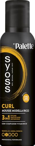 Syoss Palette Curl Mousse Modella Ricci 250 ml, Schiuma capelli ricci 3-in-1 che acconcia, protegge e ripara, Spuma capelli ricci con complesso vitaminico adatta per il 'Curly Hair Method'
