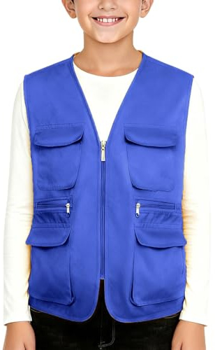 Boys Girls Fishing Vest Loose Zip Up V Neck Unisex Kids Sleeveless Jackets with Multi-Pockets for 5-13 Years