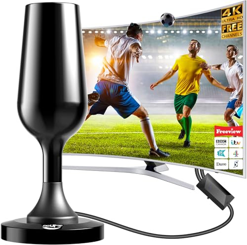 TV Aerial Indoor, Freeview Indoor TV Aerial with 560+ Miles Range, HD Digital Antenna with 360° Reception & Magnetic Base, Support VHF/UHF/DAB Radio/4K 1080P - All TVs