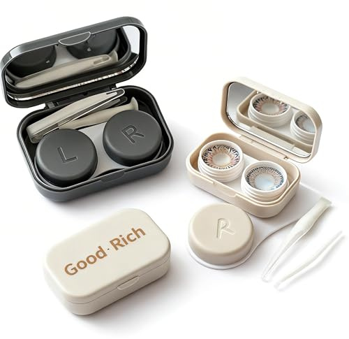 AEUXZA Set da 2 Porta Lenti a Contatto con Specchio per Lenti Colorate e Morbide – Kit da Viaggio Compatto Beige e Grigio – Accessori Inclusi Pinzette e Ventosa per Vacanze