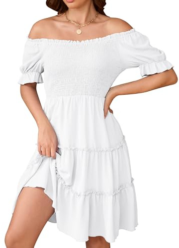 AUMORA Women's Square Neck Smocked Dress Off Shoulder Short Sleeve Ruffle Hem Short Dress Flowy Casual Mini Dresses White