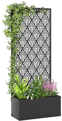 Outsunny Jardinière avec Treillis, bac à Fleurs, lit surélevé avec Brise-Vue, à Motif géométrique, pour Plantes grimpantes, légumes, Fleurs, métal, intérieur et extérieur, 45x21,5x110cm, Noir