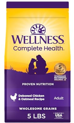 Wellness Complete Health Adult Dry Dog Food, Wholesome Grain Kibble, Natural, Chicken and Oatmeal Recipe, 5 lb Bag