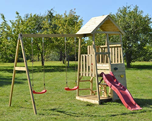 Wendi Toys J10 | Torre da gioco con doppia altalena, sabbiera, tavolo da picnic e scivolo rosso | 2 Level Plat van- 90 e 120 cm e altalena 2 posti | Torre da gioco da esterno