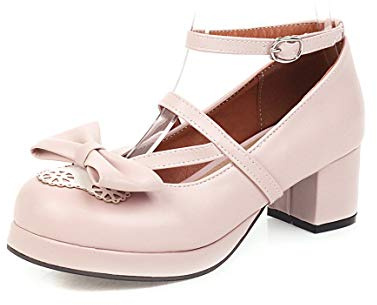 JOEupin Sweet Bow Lace Princess Lolita Escarpins à lacets à talon haut avec sangle à boucle et plateforme épaisse, rose, 47.5 EU
