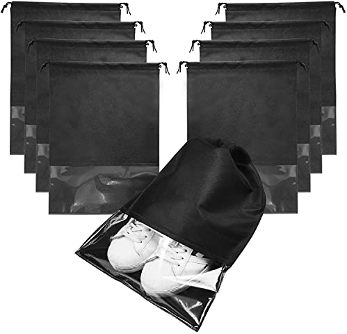 8 Stück Schuhbeutel für Reisen, Große Nicht Gewebte Wasserabweisend Schuhsack Kordelzug Schuhtasche Staubdicht Aufbewahrungsbeutel mit Transparentes Sichtfenster und Zugband - Schwarz