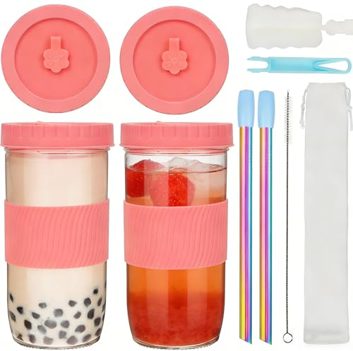 ZgoEC 2 Pack Reusable Bubble Tea Glass Cups, 24oz Tumbler Glasses with Lids and Straws, Leakproof Drinking Cups for Drinks, Iced Coffee Smoothie Juice, for Bubble Lovers (Pink)