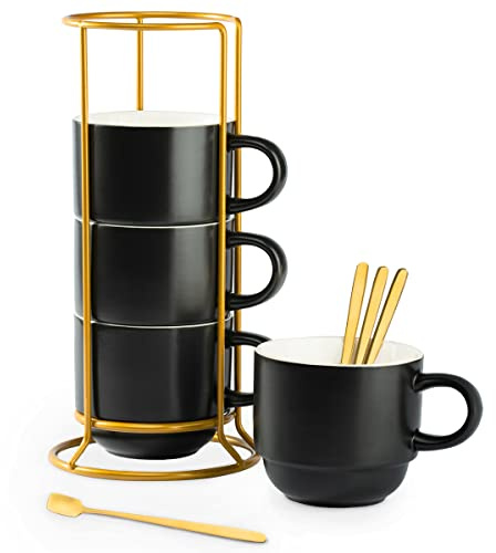 YHOSSEUN Porcelain Stackable Coffee Mugs Set With Rack, Espresso Cups with Stand Stir Spoons, 11 Oz Coffee Cups Demitasse Cup for Latte, Macchiato, Cafe Mocha Set of 4, Black