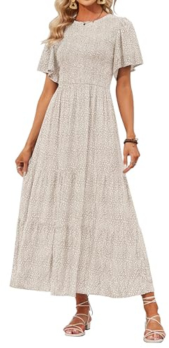ZESICA Women's 2025 Summer Casual Floral Print Short Flutter Sleeve Crew Neck Smocked High Waist Flowy Maxi Dress,Beige,Large