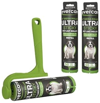 Evercare Ultra Sticky Pet Mega Lint Roller Value Pack, Manual Clothes & Furniture Cleaner with Handle and 2 Refills, 50 Sheets Each