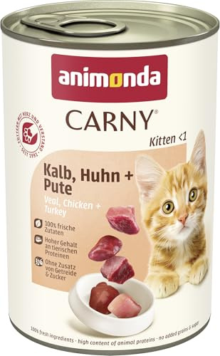 animonda Carny Kitten, våtfoder för unga katter, burk kattmat för unga katter, kalvkött, kyckling + kalkon 12 x 400 g | Kattunge spannmålsfri katt våt mat utan socker för växande kattungar upp till 1 år, med färska ingredienser