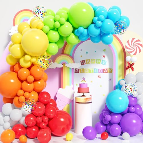 Palloncini Arcobaleno, 124 pezzi Colorati Opaco Arco di Palloncini Kit con Arcobaleno Coriandoli per Bambini Festa di Compleanno Matrimonio San Valentino Battesimo Bambino Baby Shower Decorazioni