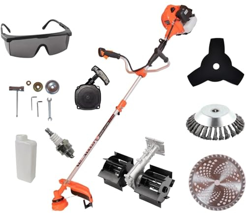 KNakasaki - Desbrozadora Gasolina Profesional Multifunción, con Accesorios Motor 65CC 2 Tiempos (Cortador Cepillo Profesional, Accesorios Cepillo de Acero, Motosierra, Cultivador)