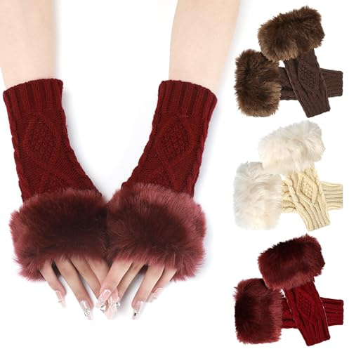 PHOGARY 3 Pares Guantes Sin Dedos Para Mujer, Piel Sintética de Calentadores de Brazos de Punto, Mitones de Punto Cálidos para Invierno, Guantes con Orificios para Los Pulgares para Otoño e Invierno,B
