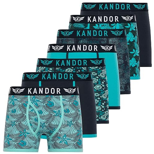 Kandor Herr blommiga boxershorts (paket med 7), veckovis stretch bomullsunderkläder multipack med signatur elastisk midja, blandade livfulla färger, storlekar S-XXL, Turkos, S