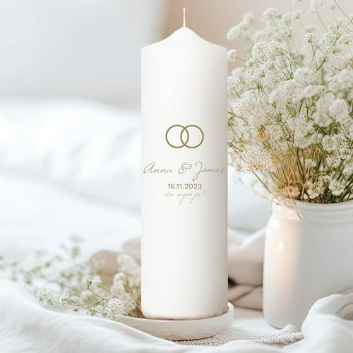 Wandtattoo Loft Hochzeitskerze personalisiert mit Namen und Datum, Motiv mit Eheringen, 25cm x 7cm, personalisierte Traukerze, Hochzeit Kerze selbst gestalten, Hochzeitsgeschenk, Valentinstagsgeschenk
