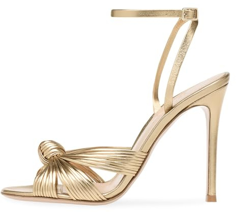 WOkismD Sandalias de tacón con nudo de lazo para mujer, zapatos de vestir de tacón alto con punta abierta y correa en el tobillo, color dorado, para novia, boda, fiesta, graduación,Oro,39