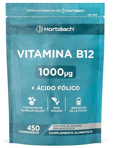 Vitamina B12 e Acido Folico 1000mcg | 15 Mesi di Scorta | 450 Compresse Vegane | Integratore ad Alto Dosaggio | di Horbaach