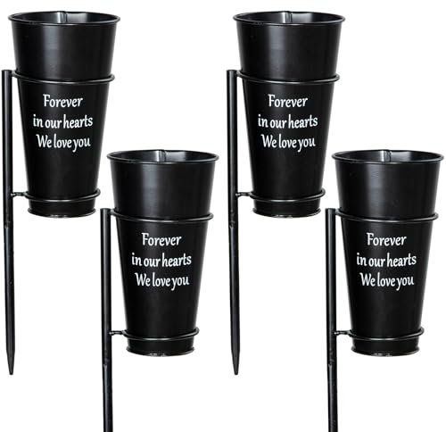 Metal Cemetery Vase, Memorial Headsone Vase with Ground Spikes, Vases for Artificial Flowers Plants, Graveside Flowers Holder for Cemetery Arrangement (Black-4PCS)