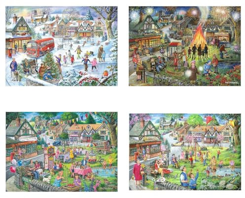 The House of Puzzles Seasons On The Green Jigsaw Set – 4 x 500 Teile Puzzles für Erwachsene, Multi-Puzzle-Set, Künstler illustriert, Deluxe-Puzzle-Geschenke, nachhaltig hergestellt
