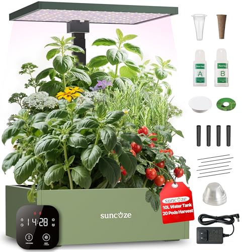 SUNCOZE 20 Pods Hydroponics Growing System Kit, Indoor Herb Garden with Grow Light 30W, 10L Large Water Tank with Adjustable Height to 25, Quiet Pump, Gardening Gifts, Green