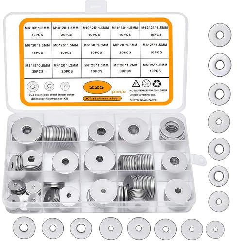 Pmueuff Rondelles en Acier Inoxydable, 225 Pièces Rondelles Plates Metal M3/M4/M5/M6/M8/M10/M12 Rondelle Étanchéité Ronde Fixation Meuble pour Vis Boulons, Ensembles d'Outils à Main