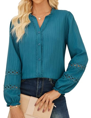 GRACE KARIN Women’s Button Down Henley Shirt Blouses Lace Long Sleeve Flattering Fit Casual Tunic Blouse Tops