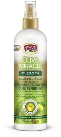 African Pride Olive Miracle Moisture Restore Curl Refresher Spray – 12 oz | Hydrates, Revives & Defines Curls for Natural Hair