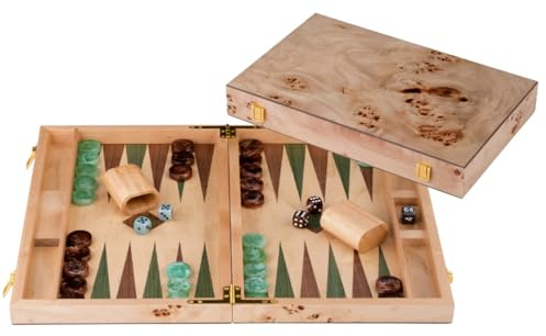 Engelhart-250550 – Backgammon de Madera 15 Pulgadas (38 cm) Maletín de Lujo Nogal – Abierto 48 × 38 cm – Fichas Verde/Marrón – Dados y Cubiletes – Juego de Mesa Clásico