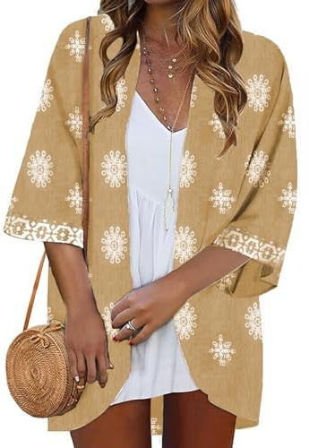 Famulily Boho Kimono Cardigans for Women UK, Half Sleeve Cardigan Cover ups Summer Loose Open Front Printed Tops