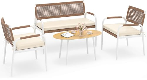 COSTWAY Ensemble de Meubles d'Extérieur 4 Pièces en Rotin PE, Salon de Jardin Canapé 2 Places 2 Fauteuils avec Coussins d'Assise Doux Table en Verre Trempé, pour Balcon Terrasse Patio