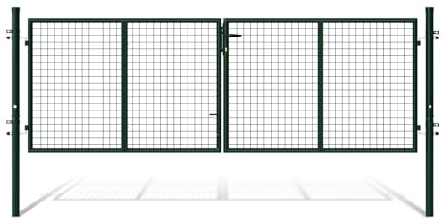 Eikuavons Cancello da giardino a doppia ala, 300 x 100 cm, in metallo, con manico, serratura, 3 chiavi e chiusura a pavimento, robusto, doppia anta per recinzione, verde