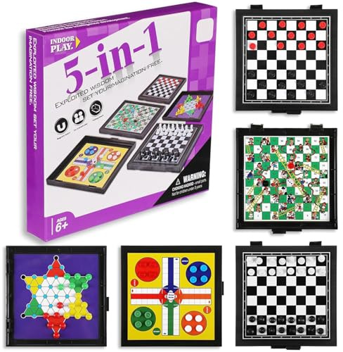 KOQAIIZ Ajedrez Magnético 5 en 1 para Niños y Adultos, Juego de Mesa Educativo con Tablero Plegable, Incluye Ajedrez, Damas, Damas Chinas, Parchís y Serpientes y Escaleras