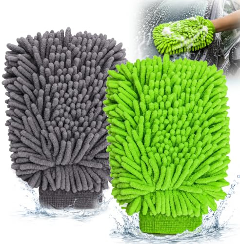VelvetVista 2 Pièces Gants Lavage Voiture, Gants De Lavage Microfibre pour Voiture, Extra Absorbant, Anti-Rayures, sans Peluches, IdéAl pour Entretien Auto Et Nettoyage Auto ExtéRieur, Gris + Vert